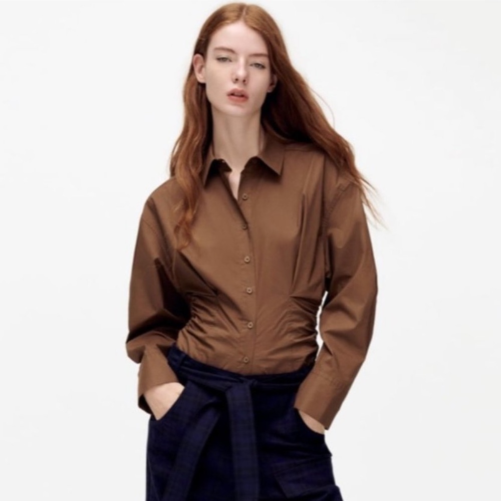 Zara Chestnut Brown Collared Bodysuit Shirt